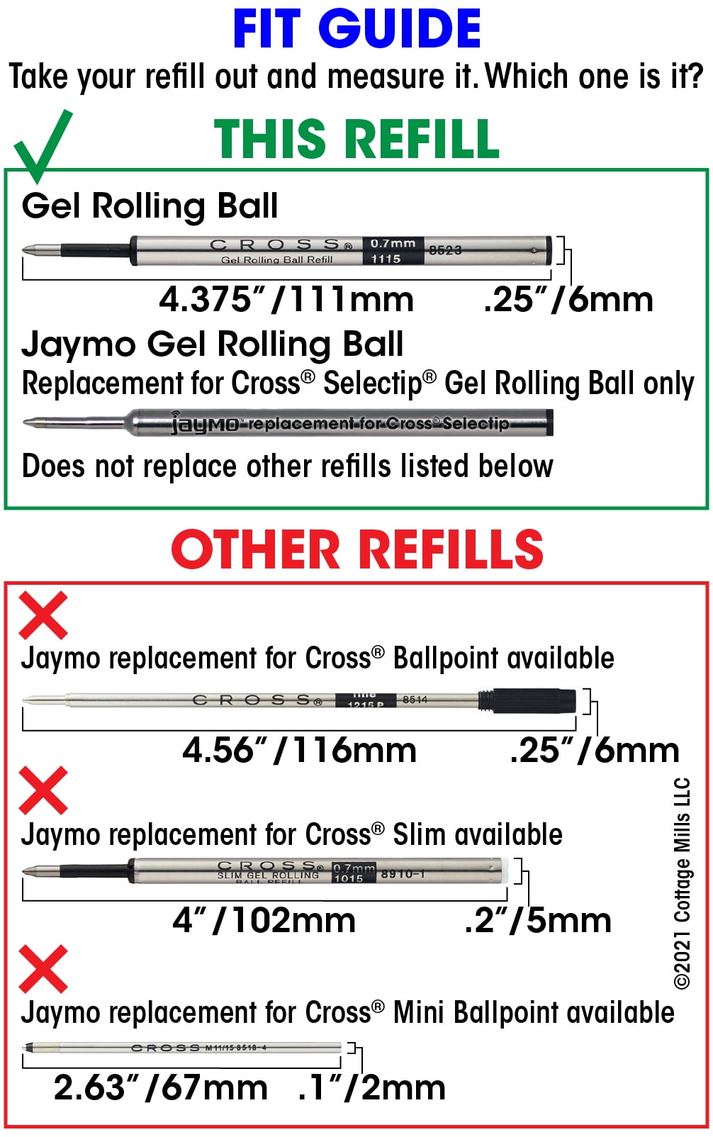 Jaymo Replacement for Cross Selectip 8523/8521 - Measures 4.375 in / 111 mm Long - Gel Rolling Ball Pen Refill - 6 Black + 6 Blue