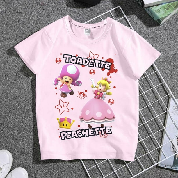 Camiseta con estampado de Super Mario Toadette Princess Peach para adultos y niños, vestido familiar, pantalones cortos de manga divertidos, cuello redondo, ropa de calle informal nueva zhangmengya LED