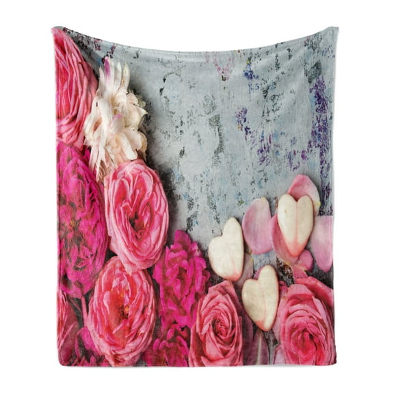 Vintage Rose Soft Flannel Fleece Throw Blanket, Valentines Romantic Photo of Flower Heart Shaped Leaves, Cozy Plush for Indoor and Outdoor Use, 50" x 60", Grey Pink Eggshell, by Ambesonne