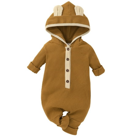

Lumento Baby Ear Shaped Travel Playsuit Plain Buttons Romper Cute Hooded Bodysuit Ginger 0-3M