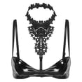 thumbnail image 2 of Lencería de encaje negro con cuello Halter, Tops de sujetador sexys para mujer, sujetador inalámbrico de charol, Bralette con tirantes finos ajustables, 2 of 4