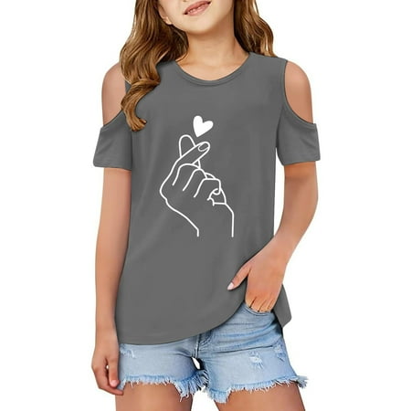 Sjldqy Toddler T-Shirts Summer Cute Heart Graphic Cold Shoulder Short Sleeve Crew Neck Loose Fit For Back To School Daily Wear Girls Tees Size 3-4 Years Grey