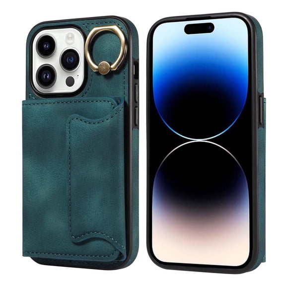 iPhone 15 Pro Max / 15 Ultra Wallet Case with Ring Holder Luxury Leather Kickstand Case Woman Man-Green
