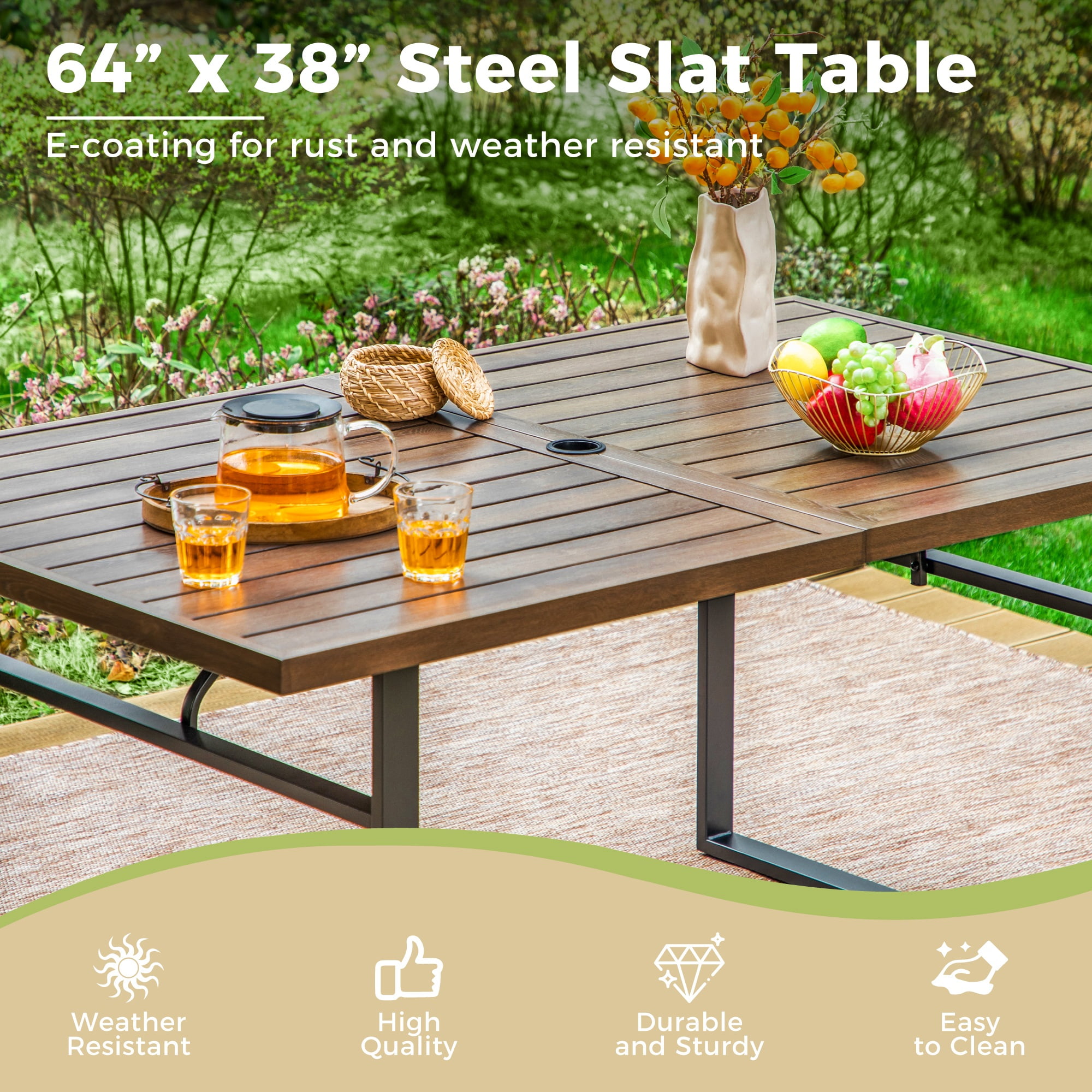 7-Piece Outdoor Patio Dining Set for 6, All-Weather Rattan Chairs and 64" Rectangular Wood-Like Table with Umbrella Hole