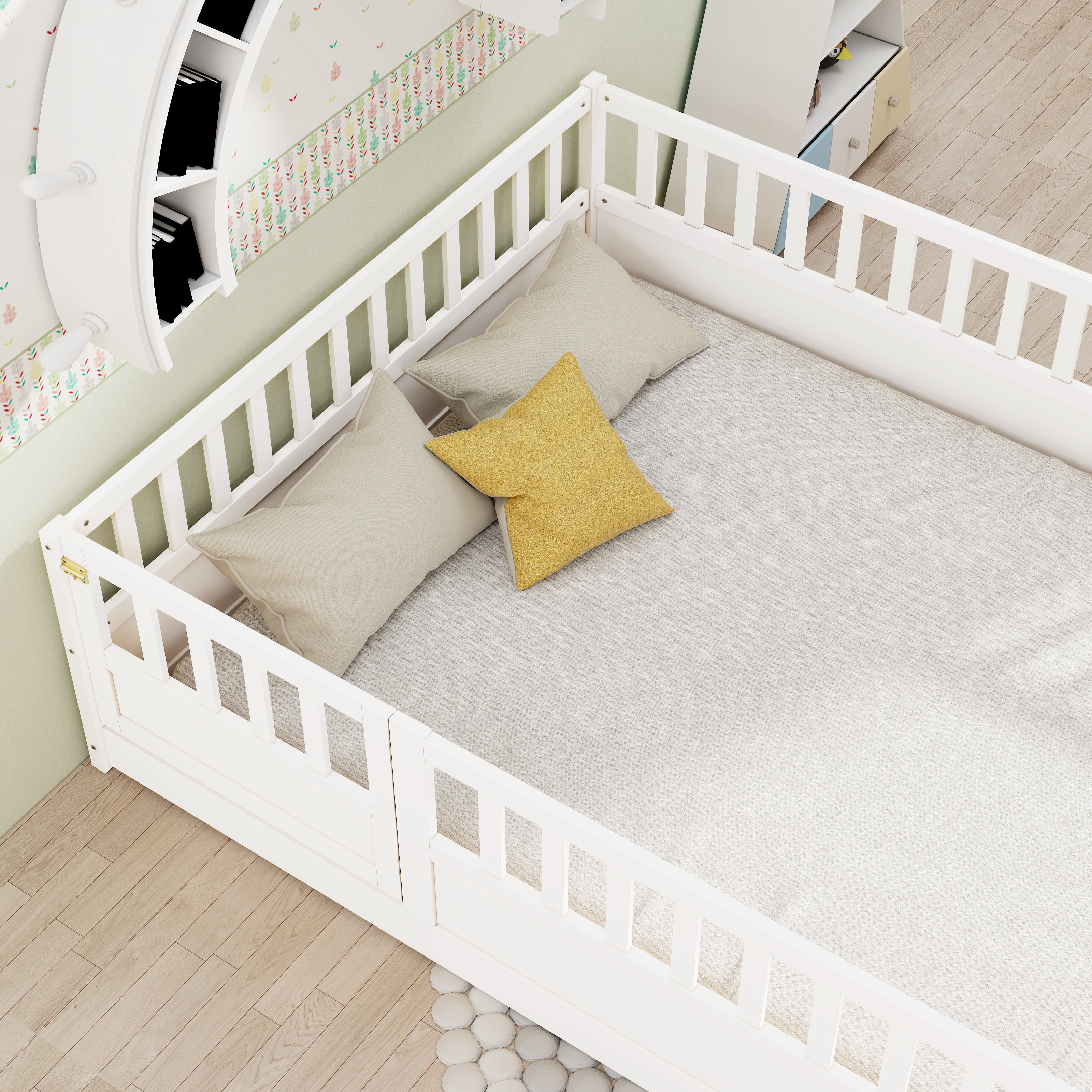 Floor Bed, Low-Profile Bed Frame, Full Size Bed with High Safety Barrier, Door and Support Slats for Stability, Solid Pine Wood Construction, White