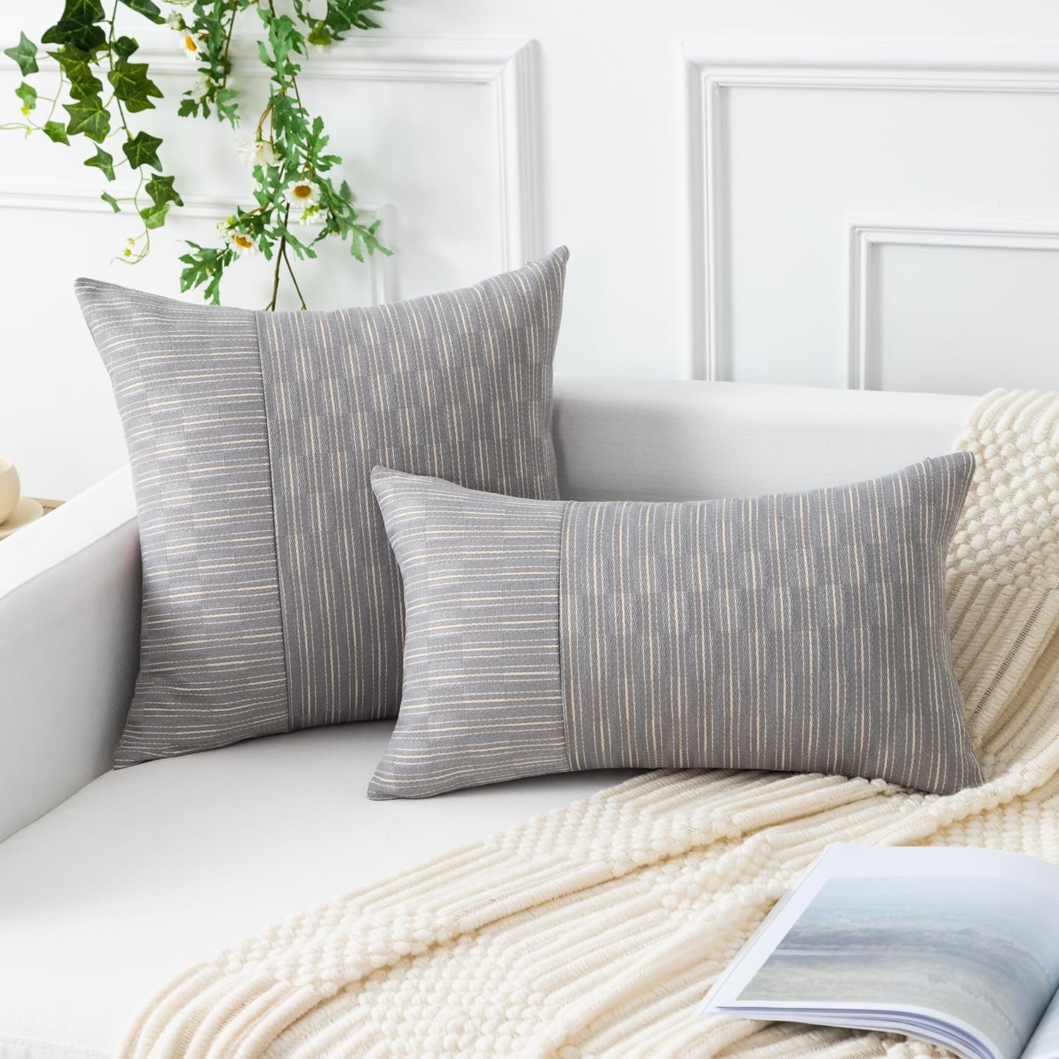GHSDFBB Kevin Textile Grey and Beige Farmhouse Striped Patchwork Linen Decorative Throw Pillows Covers 18x18 Set of 2 Modern Accent Square Cushion Covers for Couch Chair Bedroom Fall Decoratio Walmart...
