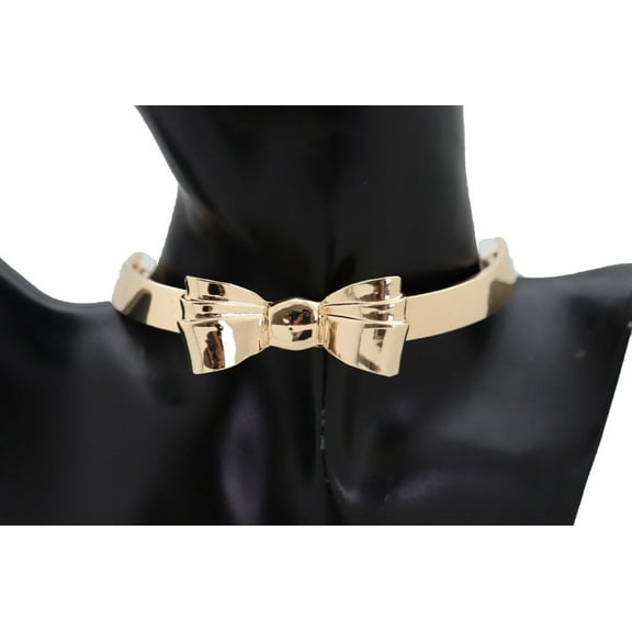 Women Gold Metal Chain Tuxedo Jewelry Short Choker Necklace Bow Ribbon Pendant