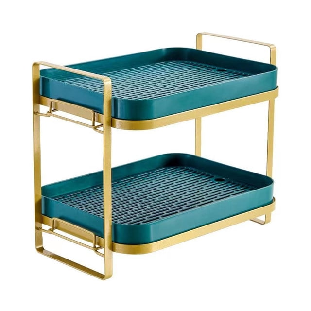 Estante de secado de tazas y tazones de 2 niveles con bandeja de drenaje para almacenamiento en la cocina, color verde dorado