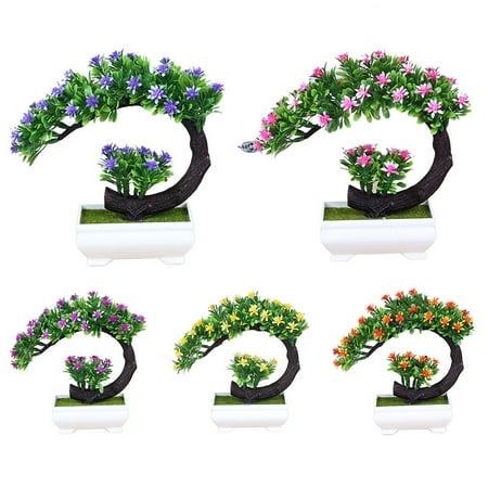 Artificial Bonsai Tree, Faux Potted Plant w/ Flowers for Office Home Desks and Tables