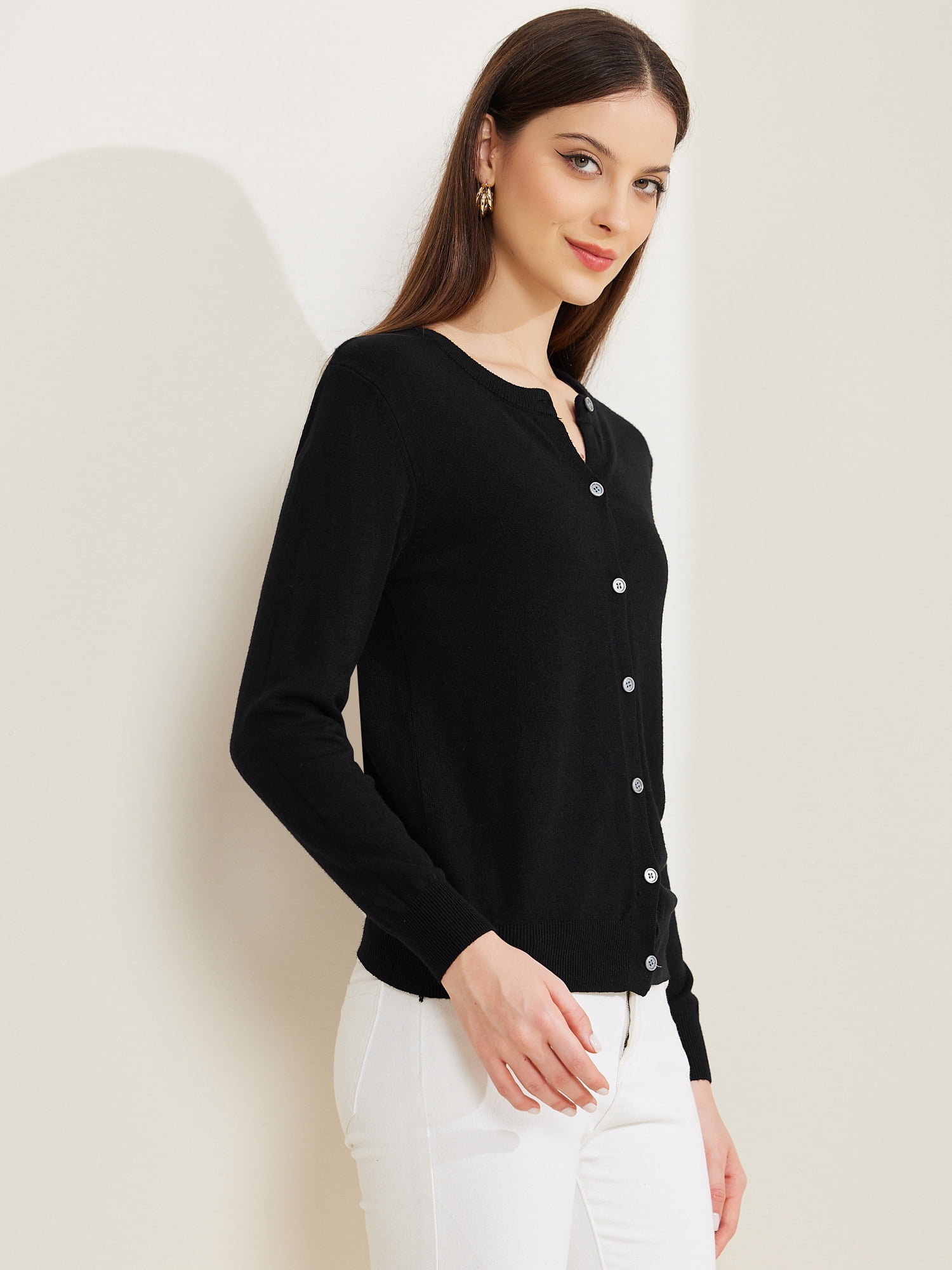 DARING DIVA Women's Lightweight Button Crew Neck Cardigan L Black