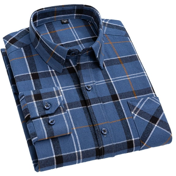 FLMEI Men's Plaid Shirts Long Sleeve Blouses Cotton Button Tops Spring Fall Lapel Dress Shirts for Business Work Casual Size: 38-46