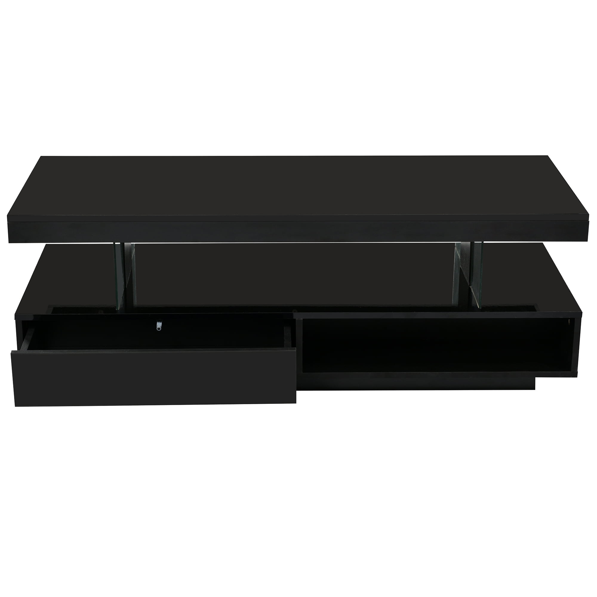 Euroco LED Coffee Table with Storage and Display Shelves, Modern Black Center Table with 2 Drawers and 16-Color LED Lights for Living Room