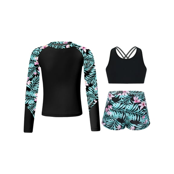 TiaoBug Summer Kids Girls Floral Swimsuit Rash Guard Set Long Sleeve Swim Shirts with Crop Top and Bottoms Swimwear Black 12