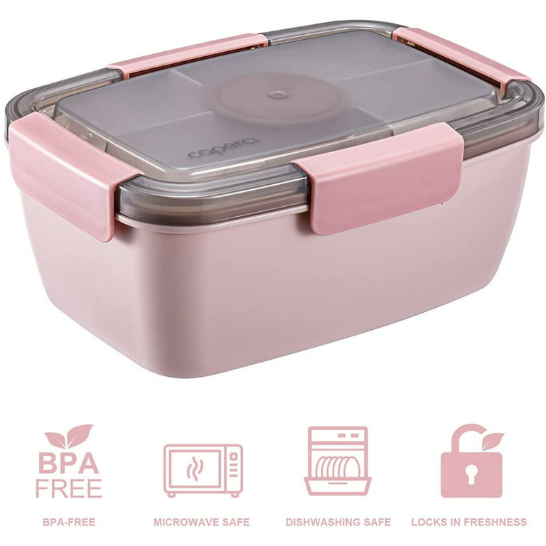 Caperci Large Salad Container with 68-oz Salad Bowl, Leakproof Adult Bento  Lunch Box, 5-Compartment Tray, 2pcs 3-oz Sauce Container, BPA-Free (Pink) 