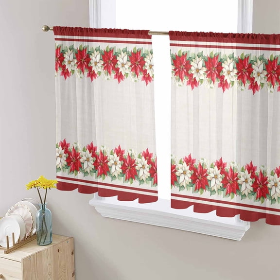 Christmas Sheer Curtains 54 Inches Long, Xmas Winter Red White Poinsettia Striped Light Filtering Window Curtains for Living Room/Bedroom, Rod Pocket Voile Sheer Curtain Drapes, 52"W x 54"L, 2 Panels