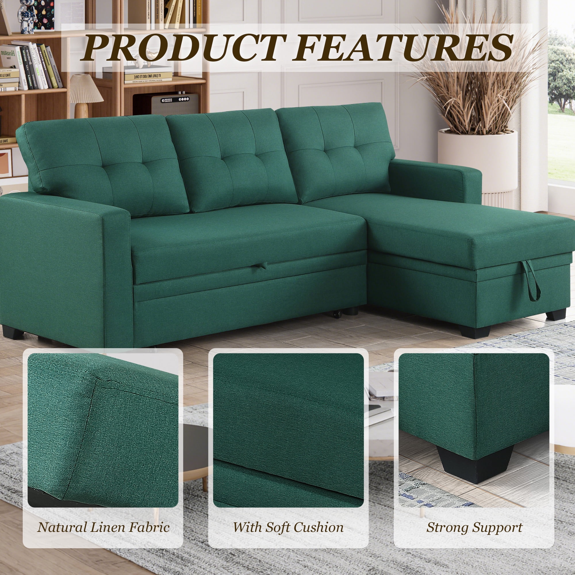 MOONMISS Sectional Sofa Bed with Storage and Soft Seat ,Reversible Pull Out Couch for Living Room,Green