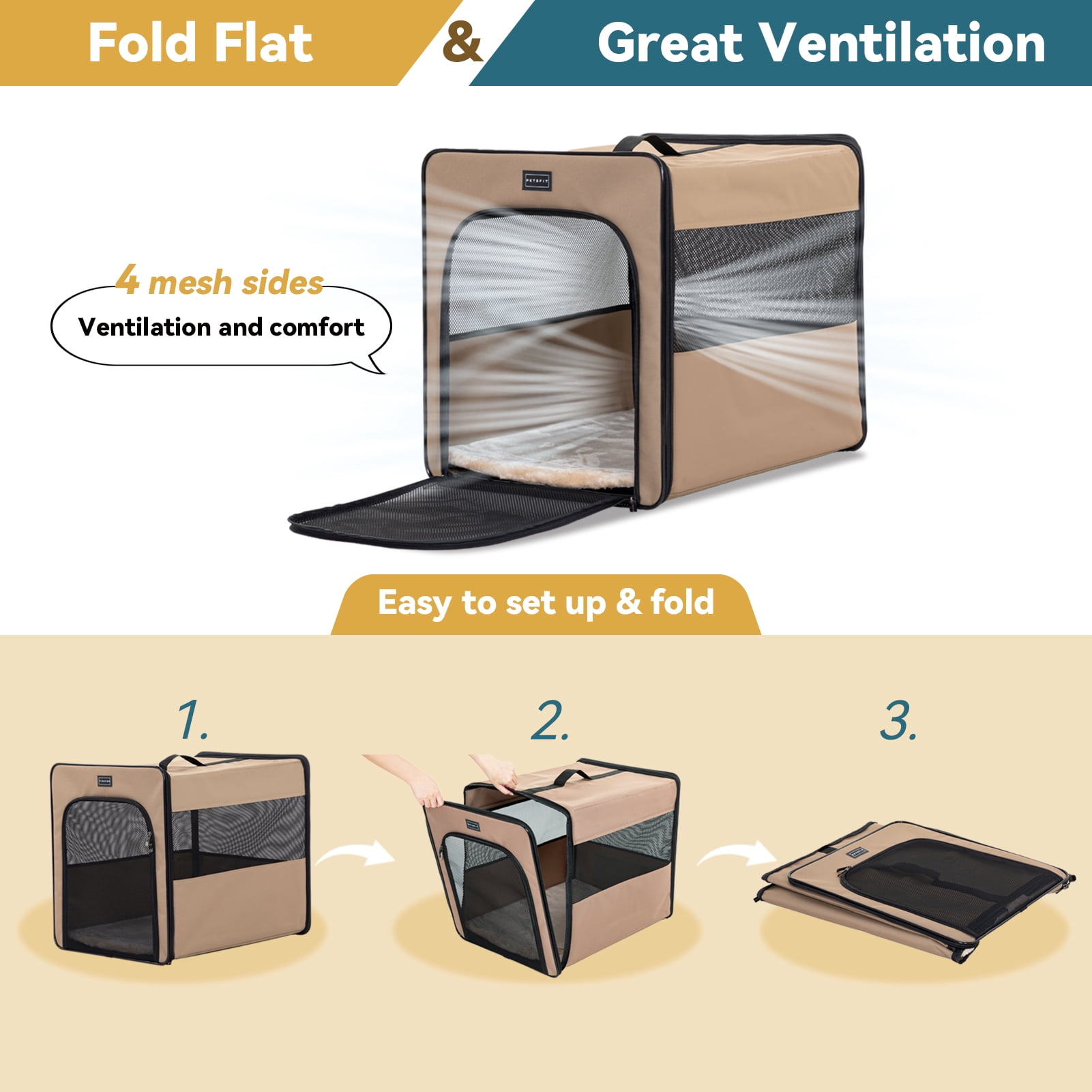 PETSFIT Collapsible Dog Crate, Chewproof Design Breathable & Collapsible Dog Kennel, Indoor and Outdoor Use with Thicken Mat 24 Inch Khaki