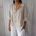 thumbnail image 2 of Button Down Shirts for Women 3/4 Sleeve Cotton and Linen Fashion Solid Color V Neck Loose T Thirt Blouse, 2 of 8