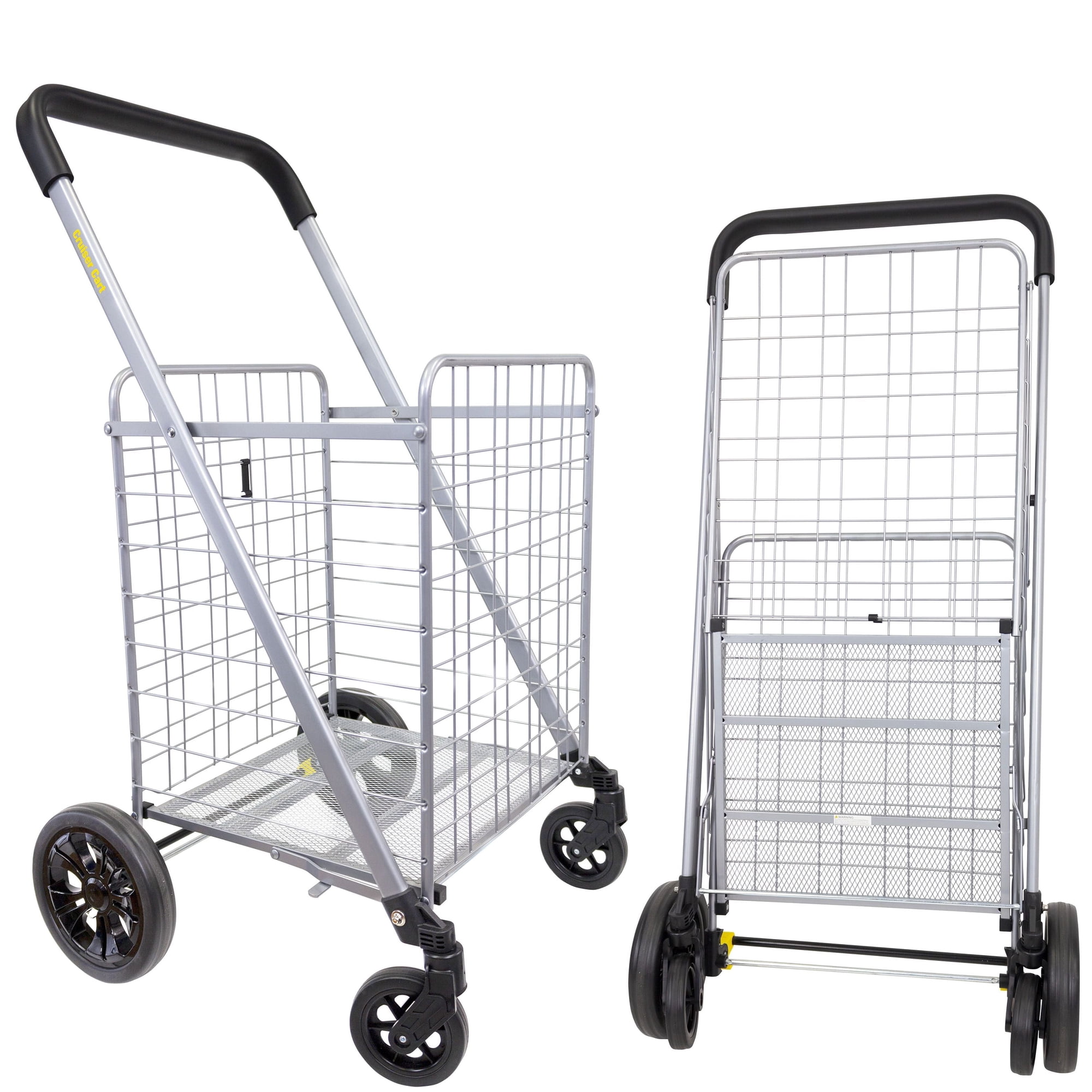 dbest products Cruiser Cart Deluxe 2 Shopping Grocery Rolling Folding Laundry Basket on Wheels Foldable Utility Trolley Compact Lightweight Collapsible, Silver