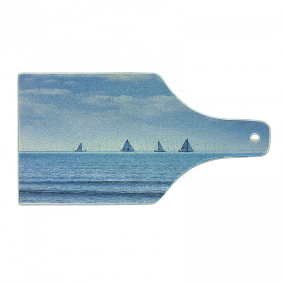 Nautical Cutting Board, Racing Yachts on Ocean Water Regatta Race Panoramic Distant View Relax Win Photo, Tempered Glass Cutting and Serving Board, Wine Bottle Shape, Pale Blue, by Ambesonne