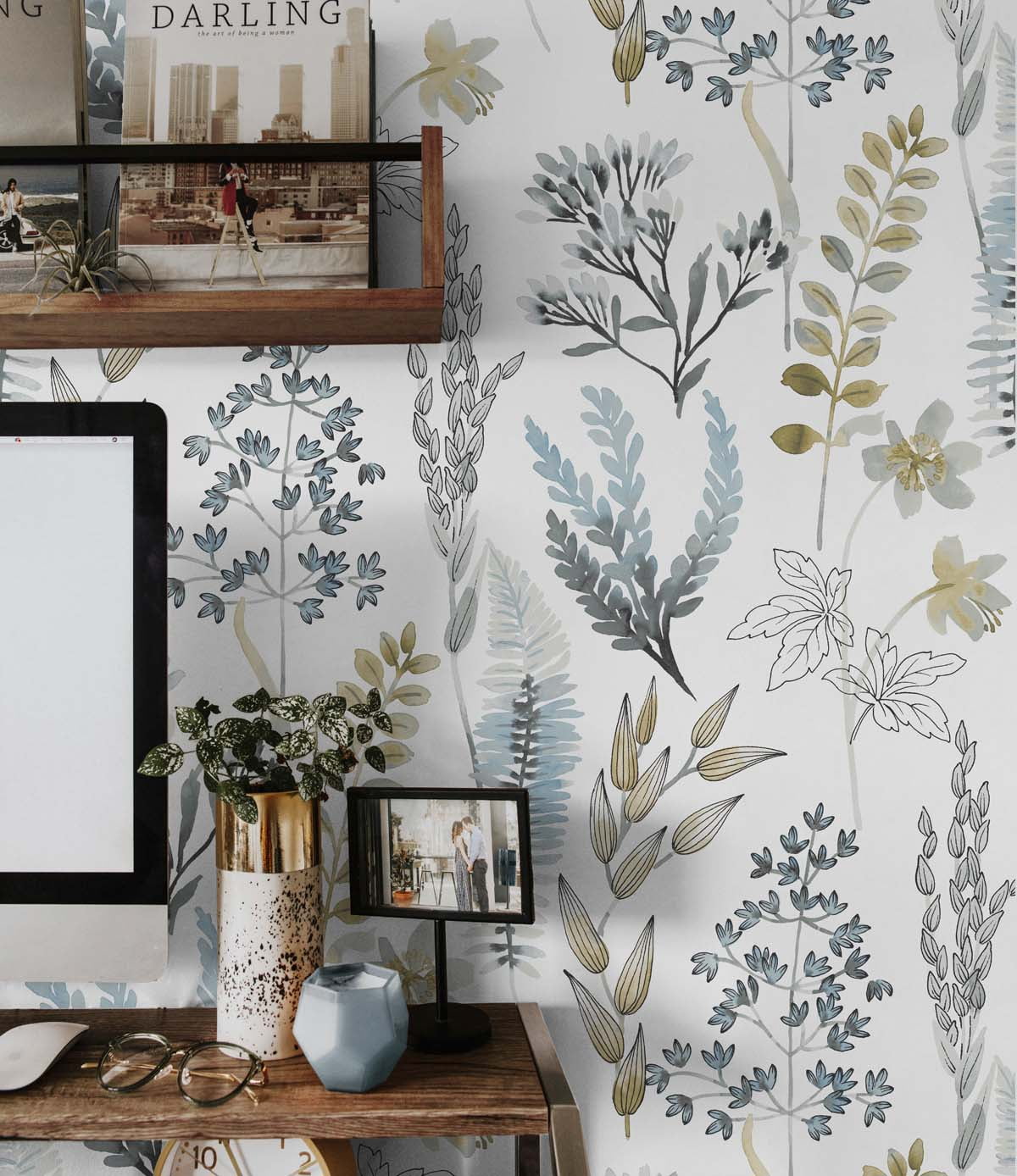 NextWall  Wild Garden Peel and Stick Wallpaper 20.5 in. W x 18 ft. L - Glacier Blue & Matte Brass