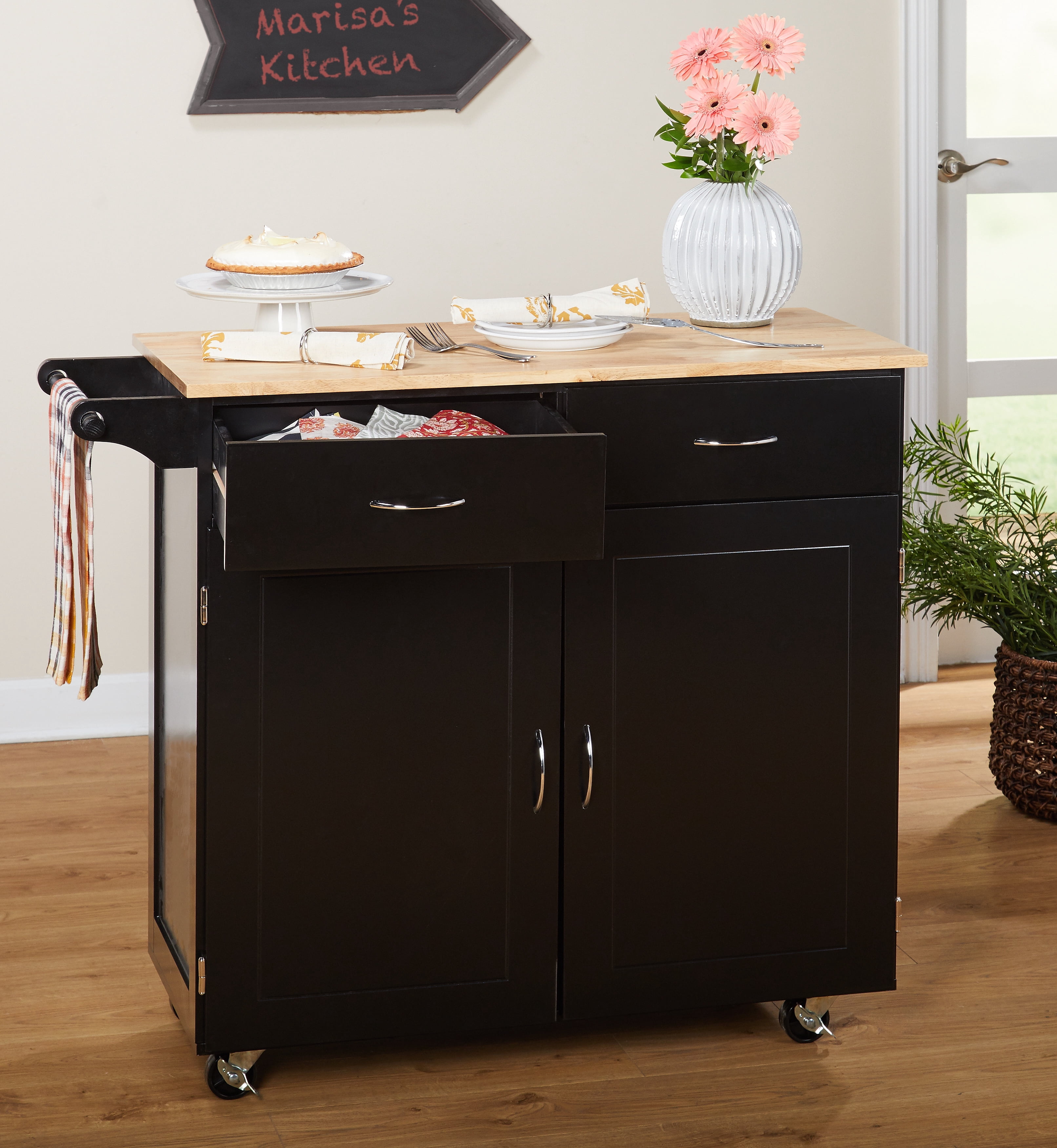 TMS Large Kitchen Cart with Wood Top, Black