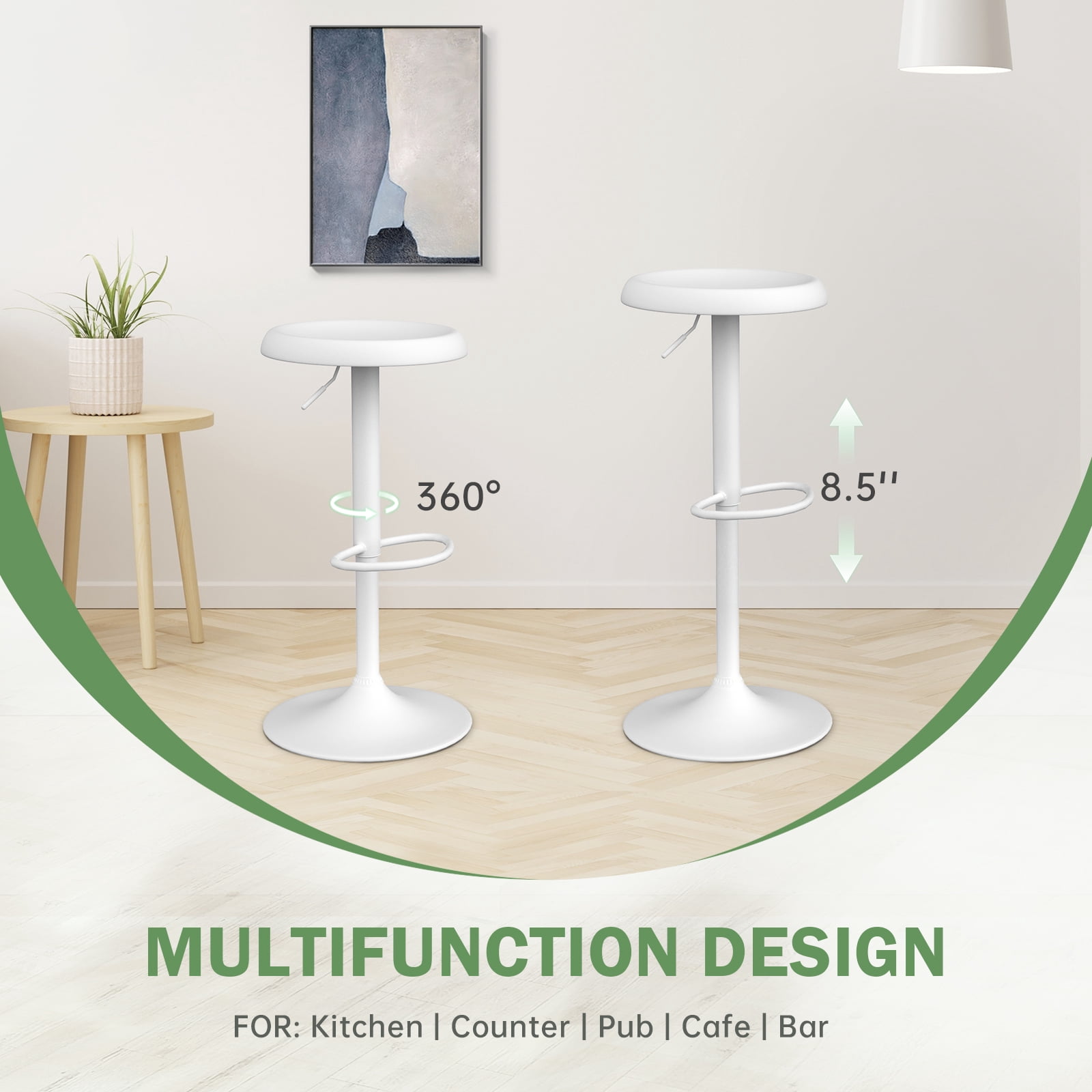 Metal Bar Stools, Counter Height Adjustable Barstools, Backless 360° Swivel Kitchen Stools for Island, Dining, Bistro, Pub (White)