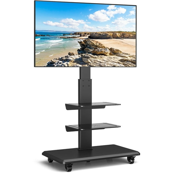 TAVR Furniture Modern Rolling Floor TV Stand for 32 to 75 inch TVs with Shelves and Swivel Mount, Black