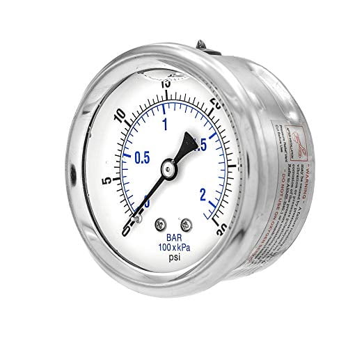 PIC Gauges PRO-202L-254C Center Back Mount Glycerin Filled Industrial Pressure Gauge w/ SS Case, Brass Internals, Plastic Lens, 2.5" Dial, 0/30 psi Range, 1/4" Male NPT