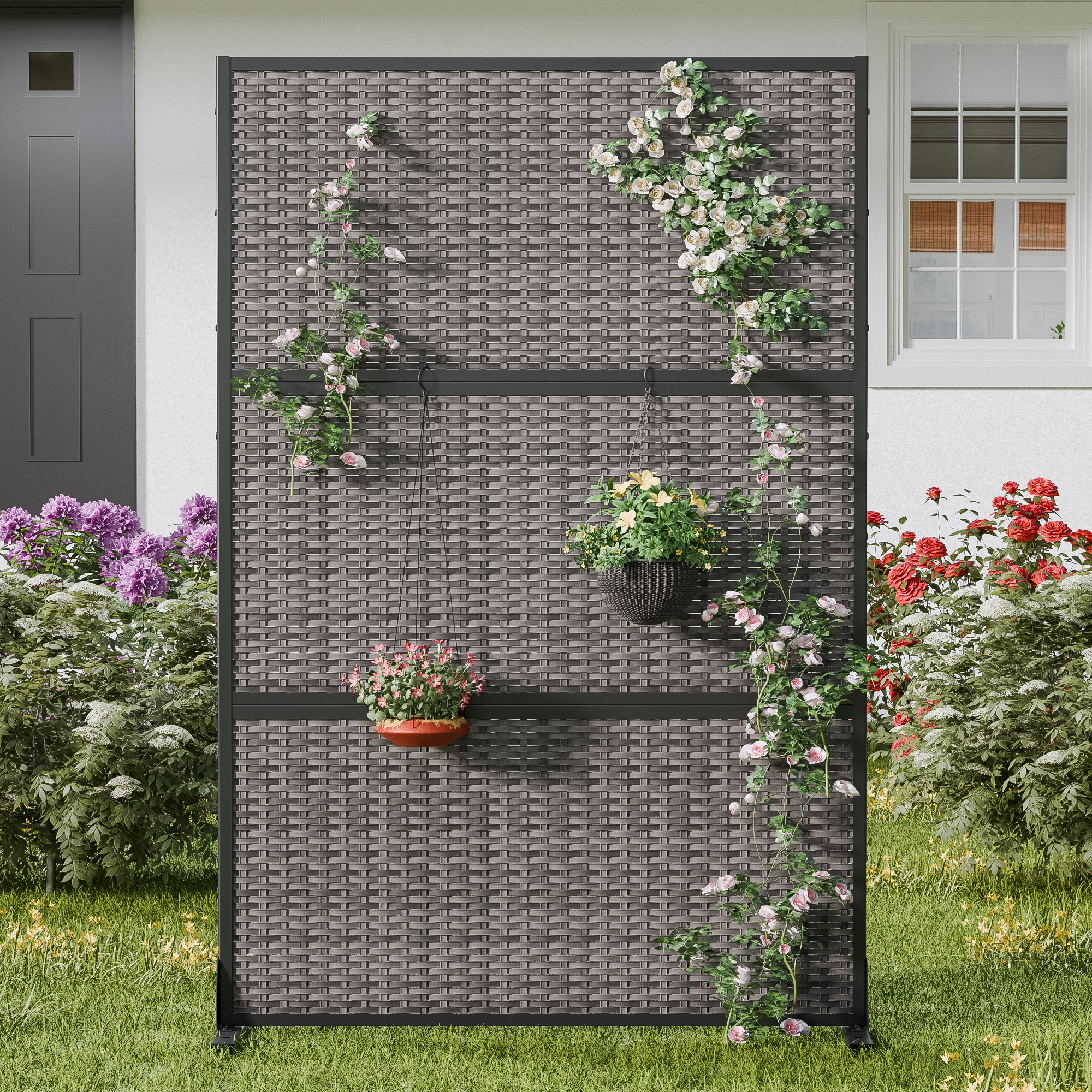MAYEERTY 72×47" Outdoor Black Rattan Privacy Panel Screen for Backyard & Garden, Wicker Weave Pattern
