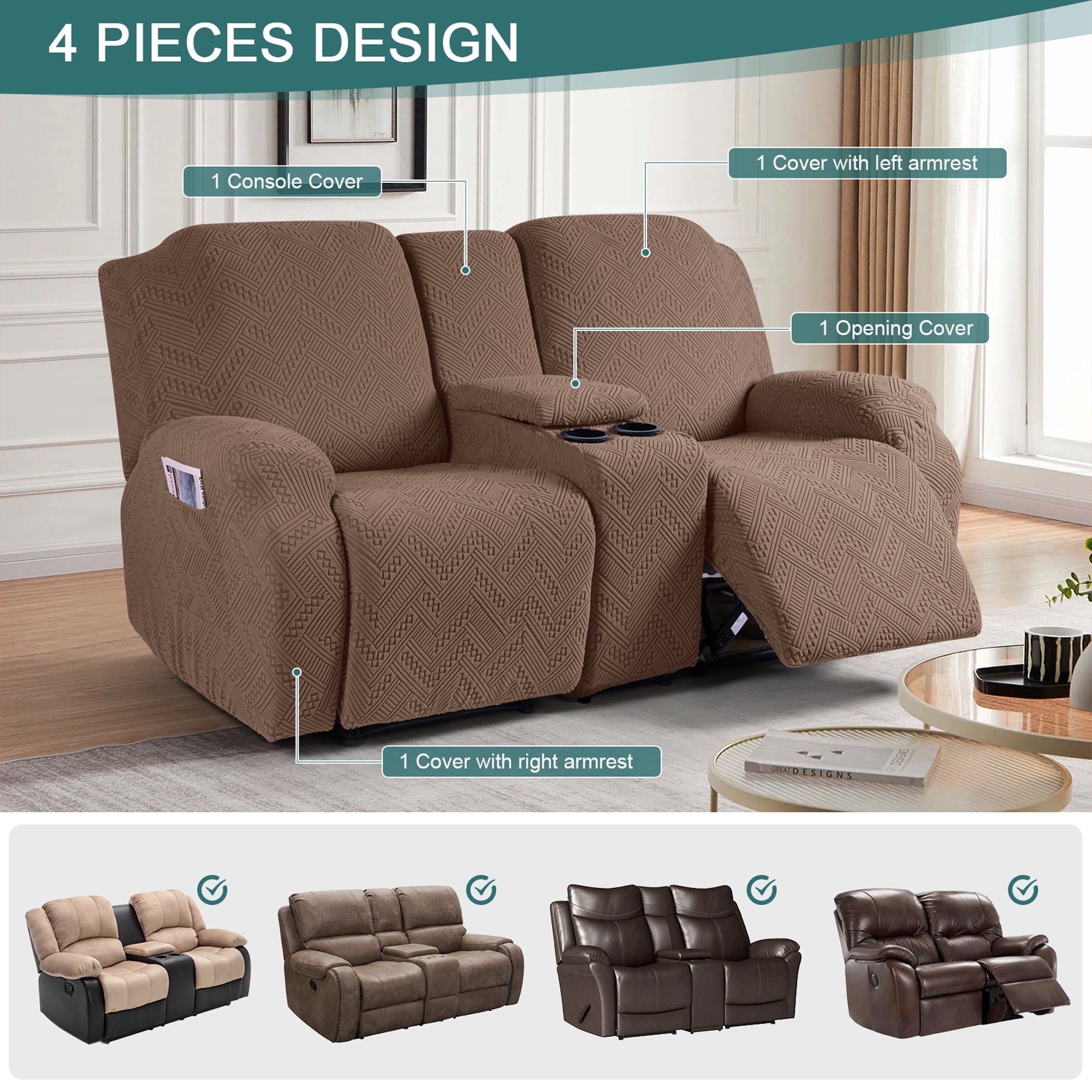 TAOCOCO Durable 4-Pieces Stretch Loveseat Recliner Slipcovers with Console, Jacquard Reclining Sofa Covers for 2 Seater Couch with Pockets Sofa Protector, Brown