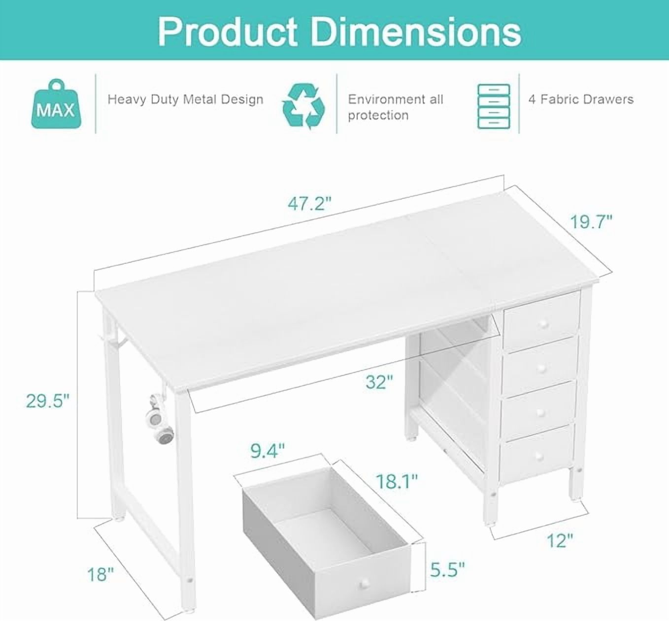 Lufeiya White Computer Desk with Fabric Drawers, 47 Inch Study Work Writing Desk for Home Office Bedroom, Simple Modern Cute PC Desks with Drawer, White