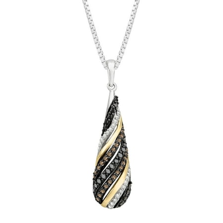 Duet 1/2 ct Champagne, Black & White Diamond Pendant Necklace in Sterling Silver & 14kt Gold