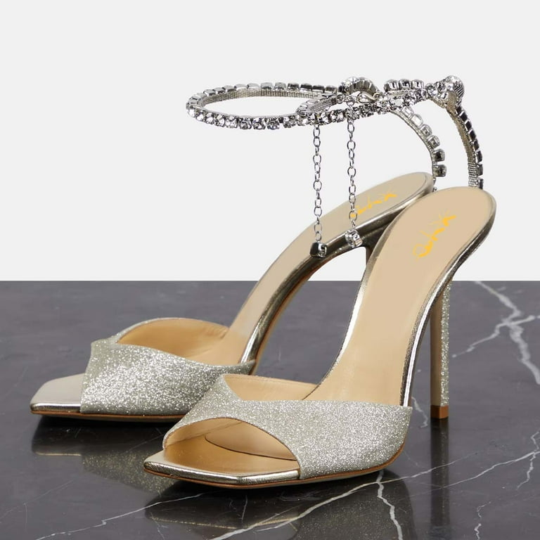 XYD Women Sparkle Crystal Stiletto Heels Sandals Ankle Strap