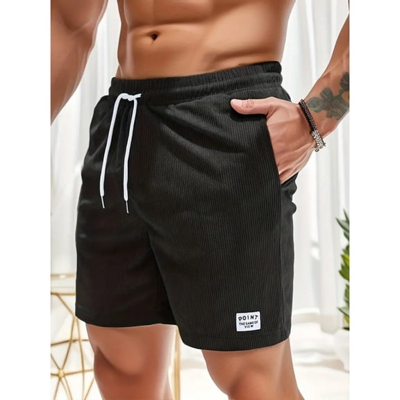 Zimjoy Men's Corduroy Shorts Retro Slim Fit Summer Shorts Elastic Drawstring Textured Bottom with Label, Black L