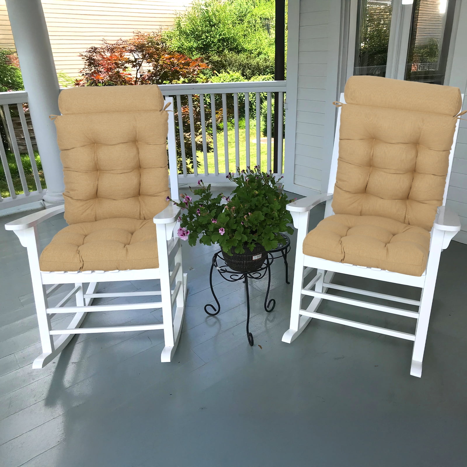 BPS Outdoor Patio Rocking Chair Cushion, Waterproof Fade-Resistant High Back Cushions, Tufted Pads with Ties, Set of 2, Brown