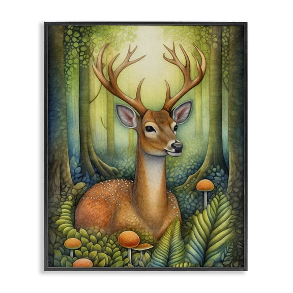 Stupell Industries Rustic Lodge Deer with Nature Mushrooms Black Framed Giclee Art, 11 x 14, by The Dutch Lady