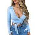 thumbnail image 1 of Women Sexy Slim Crop Tops Deep V-Neck Front Lace-up Base Shirt, 1 of 6