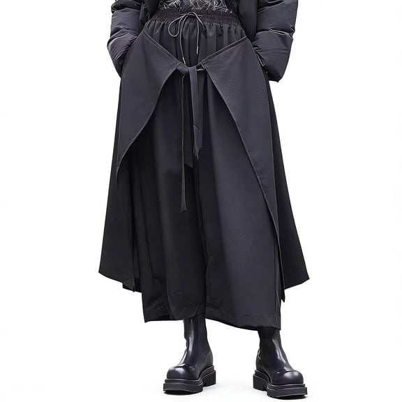 SONXAHE Wrap Skirt Layer Wide Leg Pants for Men Tie Waist City Street Long Trousers