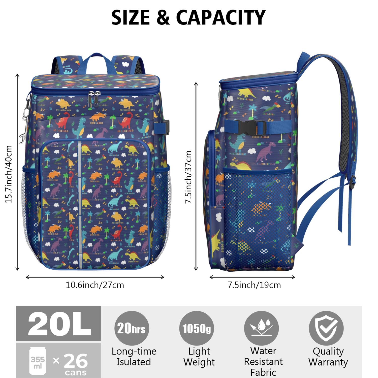 Travel Cooler Bag - Colorful Dinosaurs Names Palms Clouds Pattern Camping Beer Cooler Backpack with Bottle Opener- Waterproof Insulated Picnic Backpacks - Cooler Bag for Beach