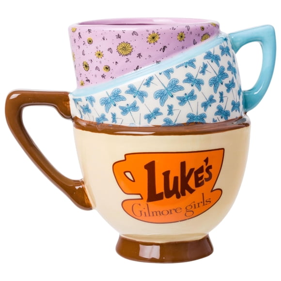 Silver Buffalo Gilmore Girls Stars Hollow Destination Locations: Luke&acirc;??s Diner, Doose&acirc;??s Market, and Dragonfly Inn Ceramic 3D Sculpted Stacked Teacup Mug, 20 Ounces