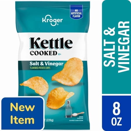 KR Kettle Cooked Potato Chips, Salt and Vinegar Flavored, Crunchy, 8 oz Bag