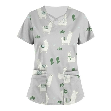 

KSCYKKKD Womens Tops Plus Size Cute Printed Scrub Working Uniform Tops for Womens Cross V Neck Short Sleeve Fun T-shirtss Workwear Tee with Pockets Pink S