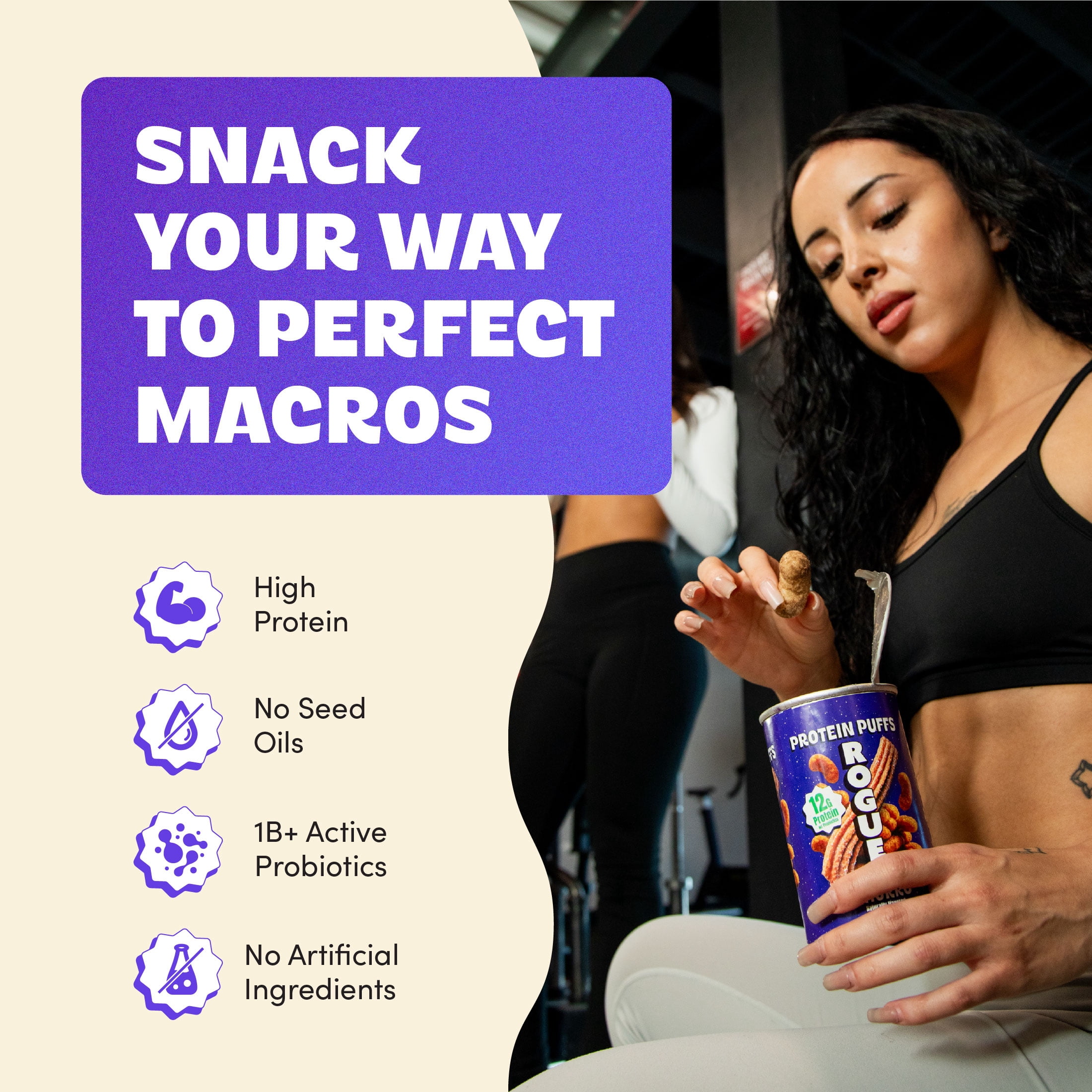 Rogue Snacks, Churro  Puffs, 12g Protein, Probiotics, 1.2 oz Can