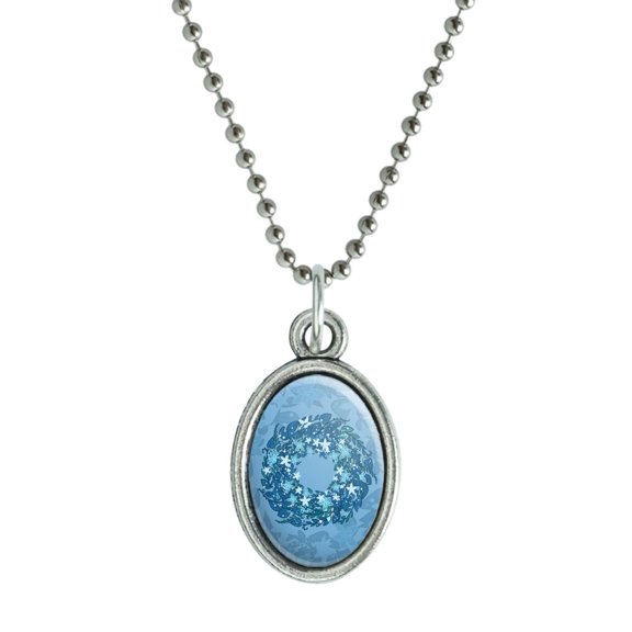 Winter Wreath Flowers Blue Antiqued Oval Charm Pendant with Chain