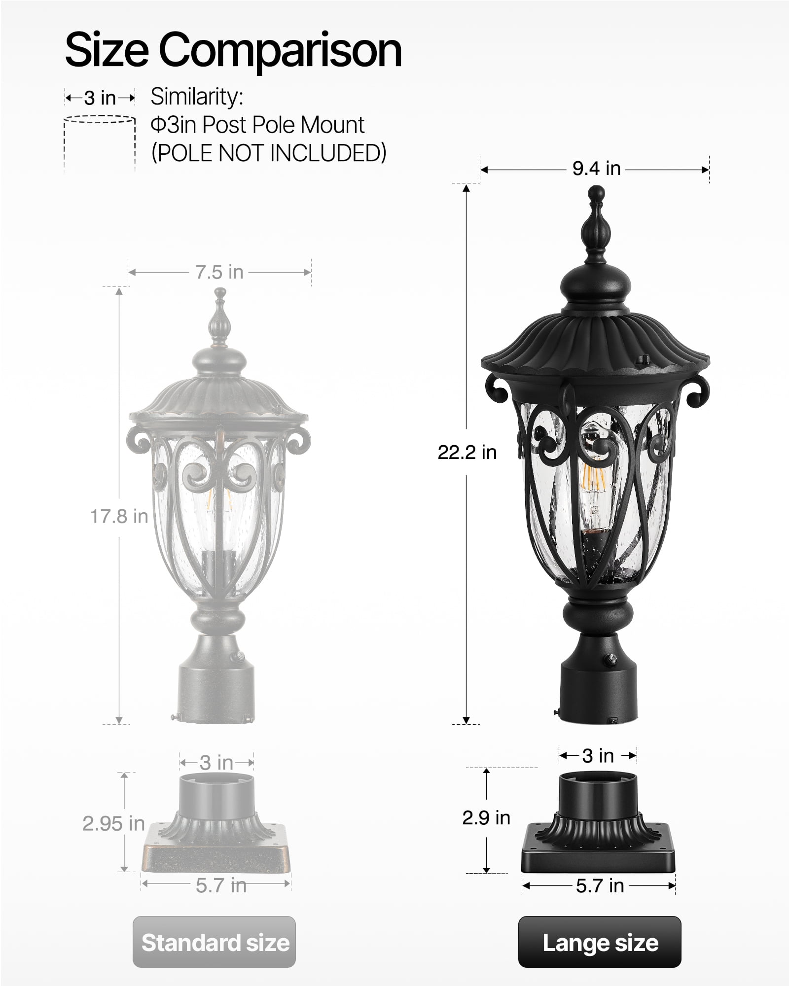 VIANIS 23.8" Large Outdoor Post Lights, Black Dusk to Dawn Outdoor Post Light, Waterproof Aluminum Retro Style Post Lights Outdoor with Glazed Bubble Glass for Driveway, Yard, Garden, 120V AC