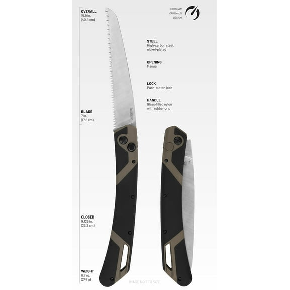 Kershaw Taskmaster 2 Saw Folding Knife 7" Saw 1065 High Carbon Nickel Blade Glass Filled Nylon/Rubber Handle Black/Tan