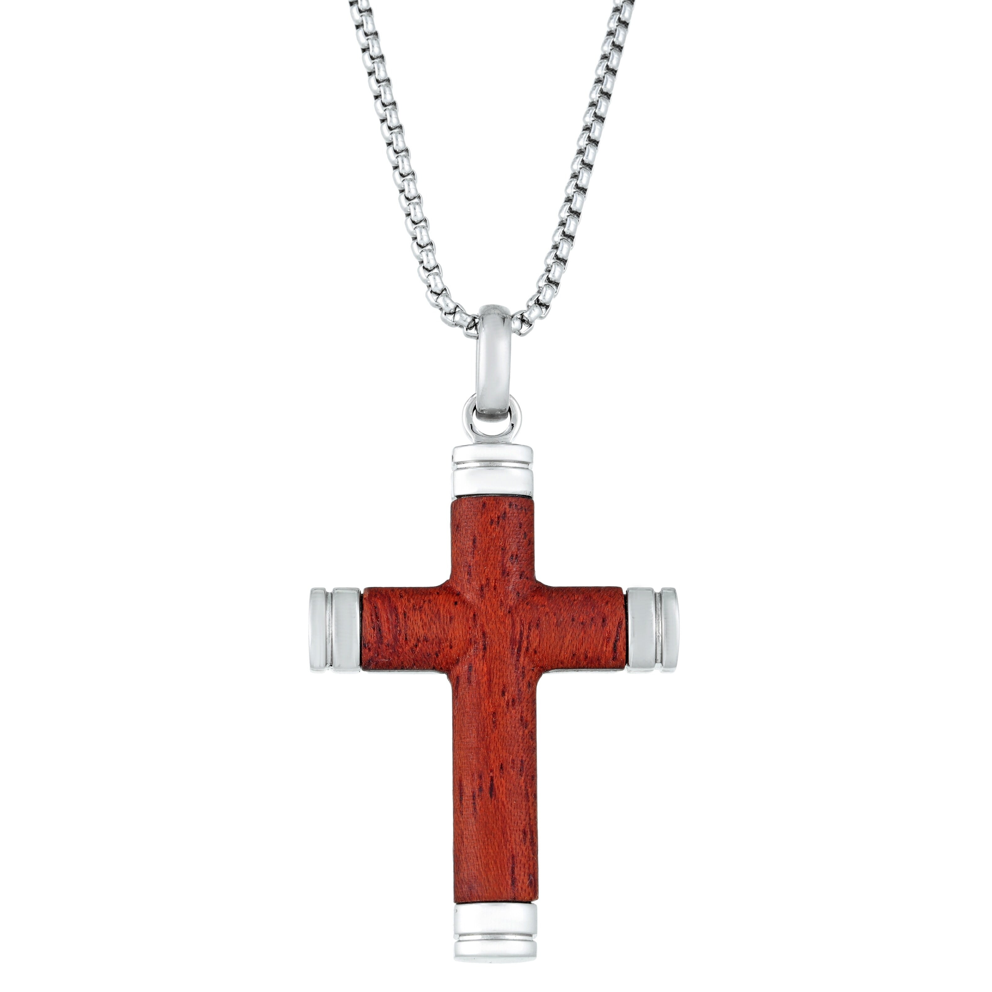 Solid Wood Cross Pendant Stainless Steel 24" Round Box Chain Necklace Unisex 