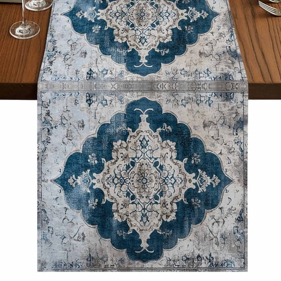 Blue Grey Boho Floral 70 Inch Table Runner, Vintage National Flower Farmhouse Dresser Scarf Cotton & Linen Tablerunner for Dining/Kitchen Island/Holiday Party Décor 13" x 70"