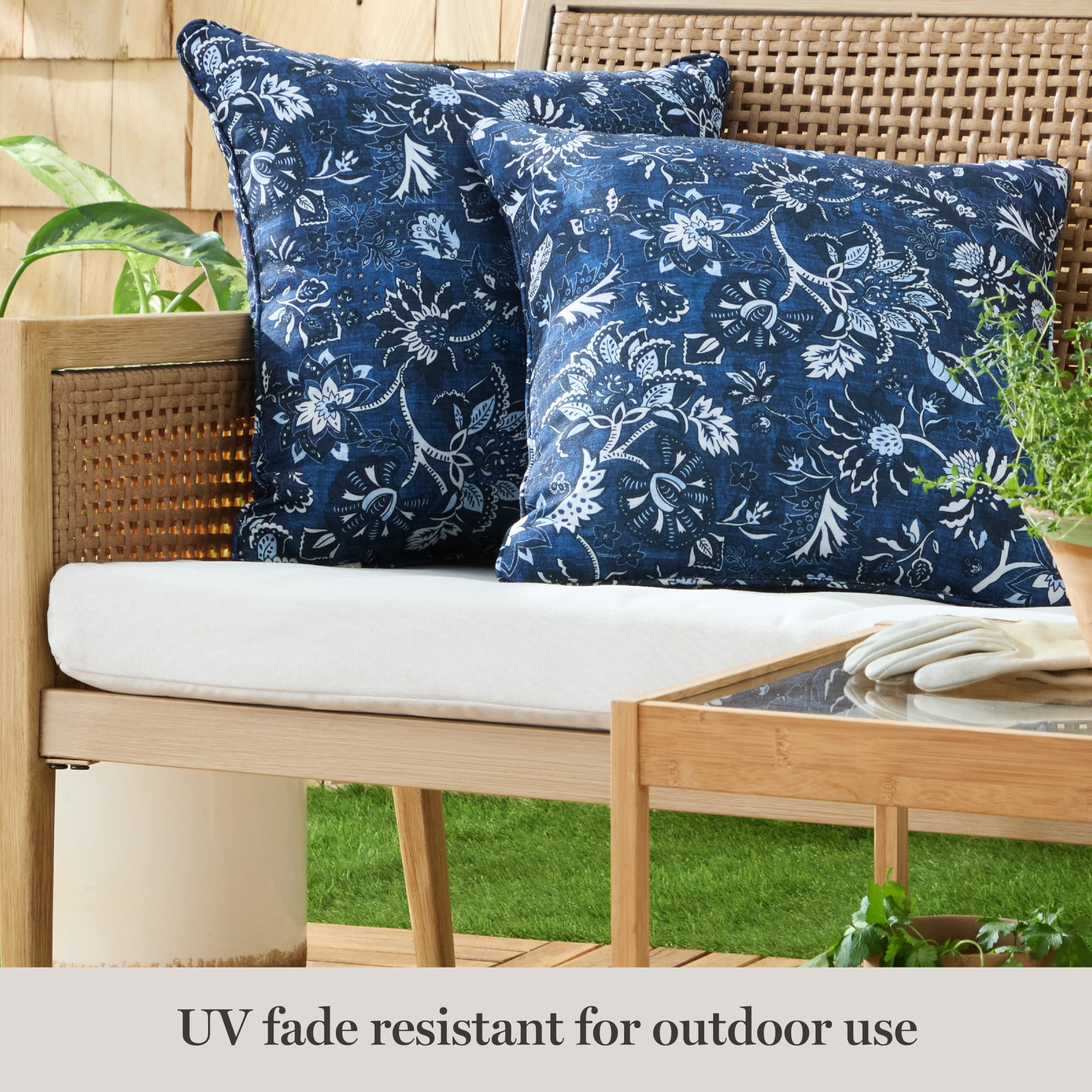 MARTHA STEWART Distressed Jacobean Indoor Outdoor Decorative Pillow 2-Pack Set, UV Fade Resistant, Water Repellent, Printed Floral Design, Navy Blue, 18"x18"